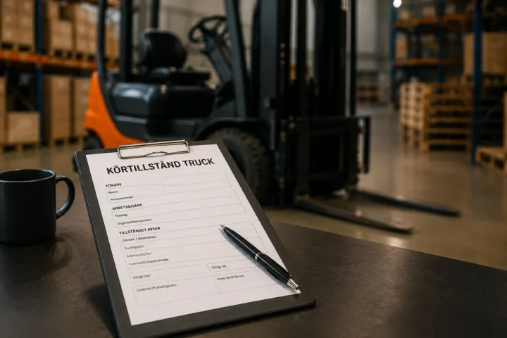 Truck och dokumentation i lager- och industrimiljö för artikel om körtillstånd truck.